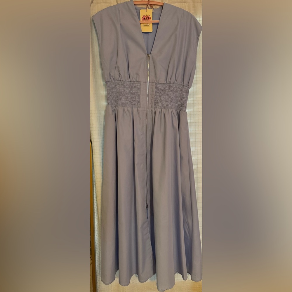 Entro Cap Sleeve-Sleeve Smocked Front-Zip Shirt Dress Blue Large